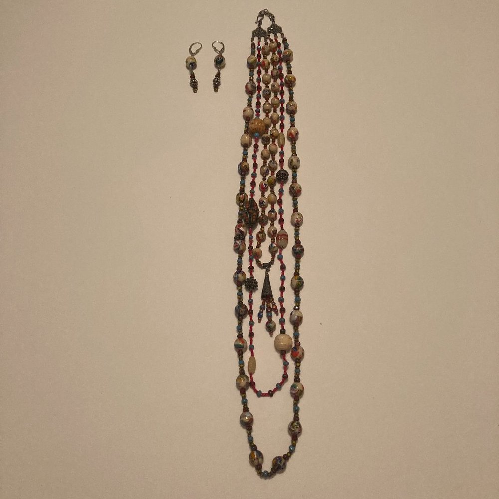 Retro Beaded Three Strand Necklace w/Earrings
